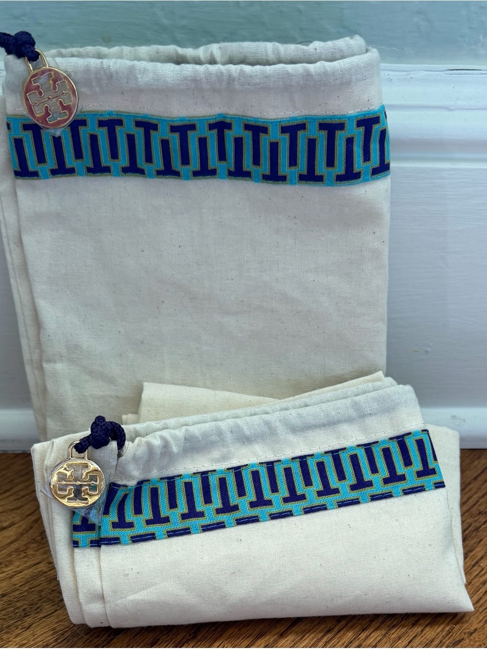 Tory Burch Natural Canvas Pouch Duo with Blue Teal Trim